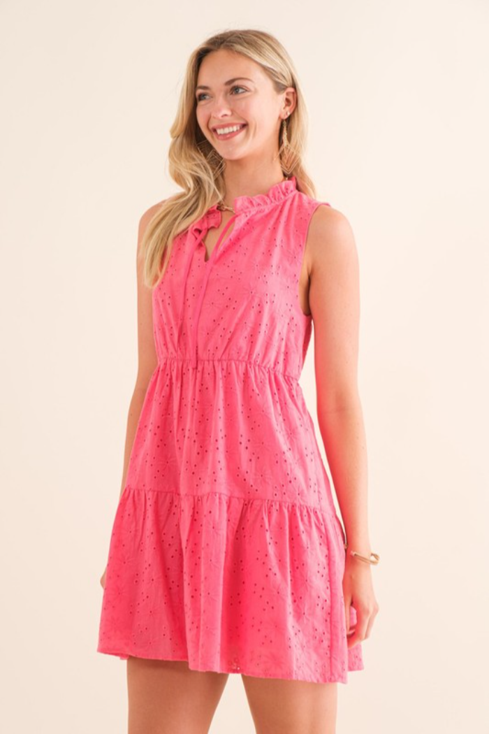 Broderie Anglaise Sleeveless V Neck Mini Dress