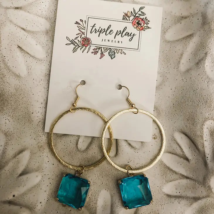 Square Turquoise Pendant on Gold Circle Earrings