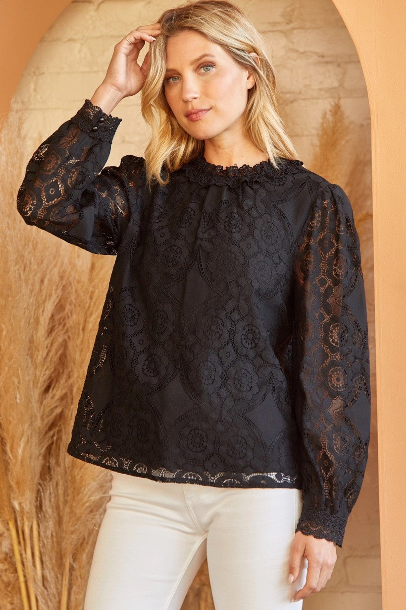 Black Lace Ruffle Neck Top