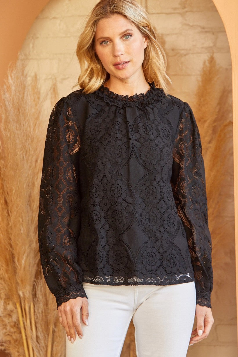 Black Lace Ruffle Neck Top