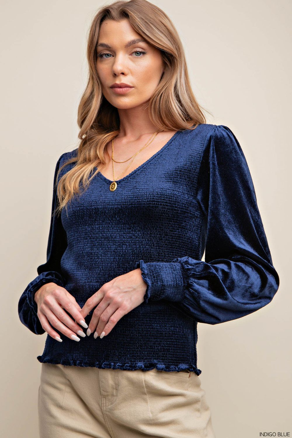 Indigo Velvet Jersey Smocked Top