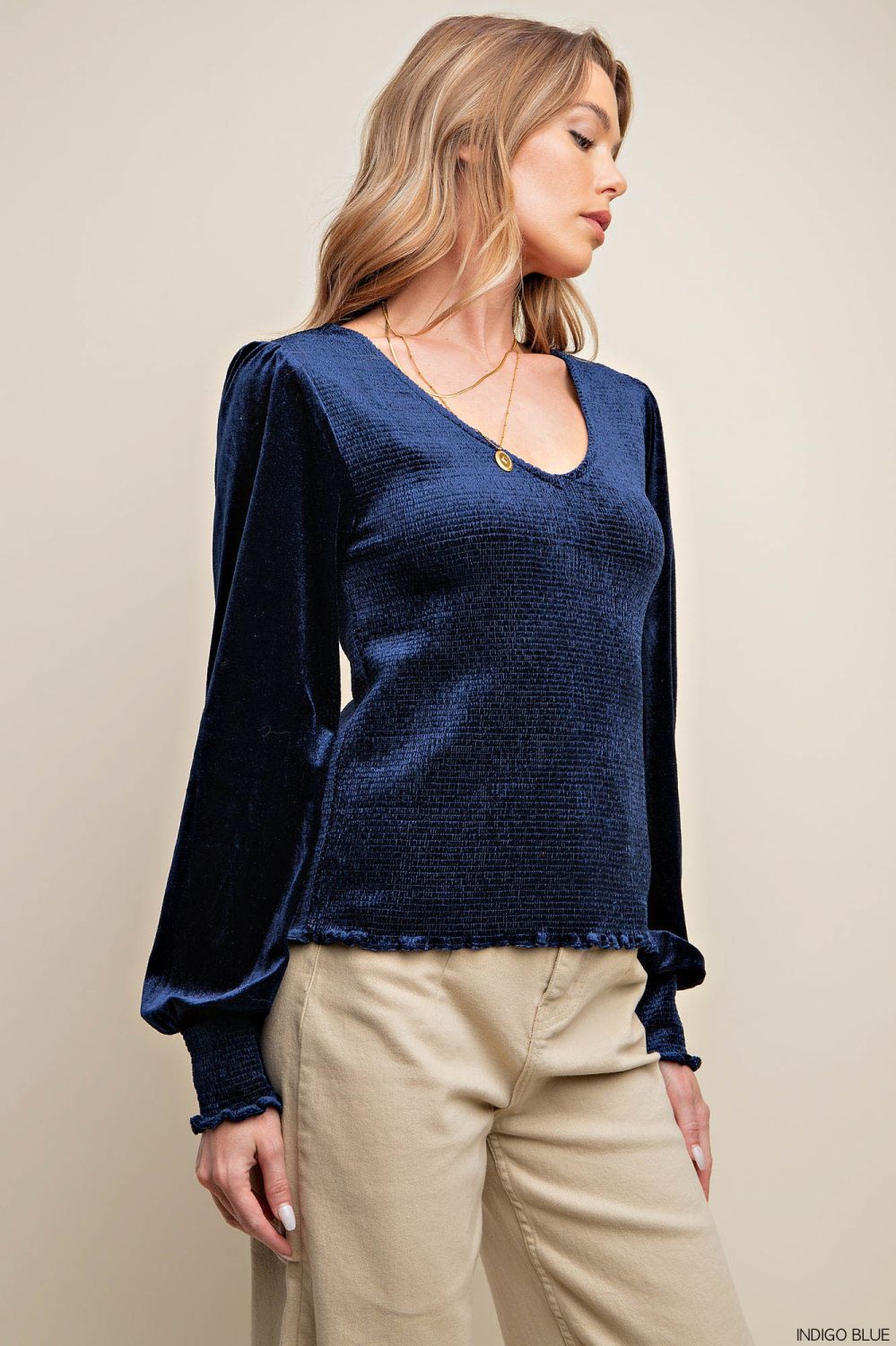 Indigo Velvet Jersey Smocked Top