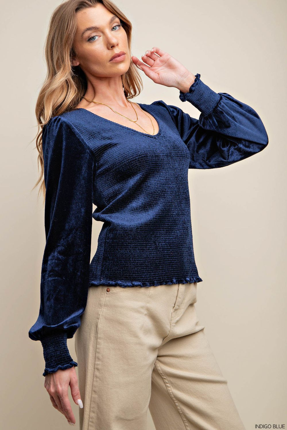Indigo Velvet Jersey Smocked Top