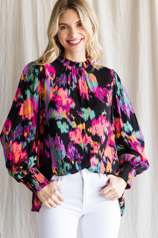 Floral Long Smocked Cuff Sleeves Top