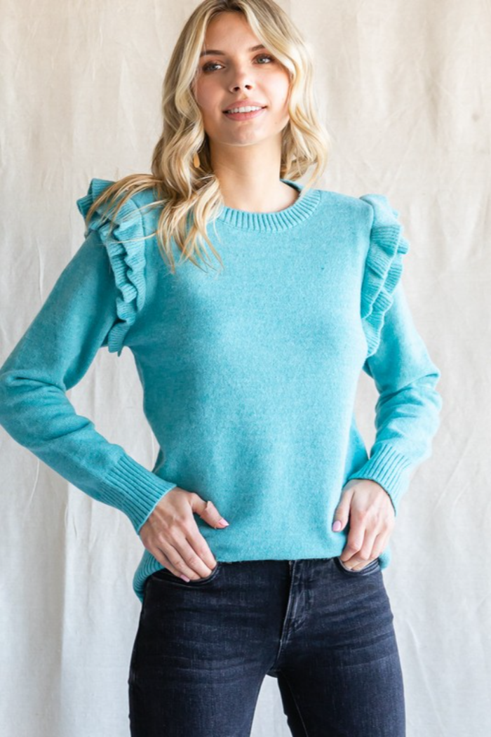 Solid Knit Ruffled Cap Shoulder Pullover
