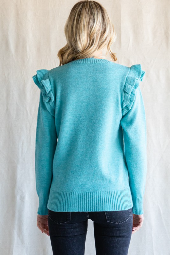 Solid Knit Ruffled Cap Shoulder Pullover
