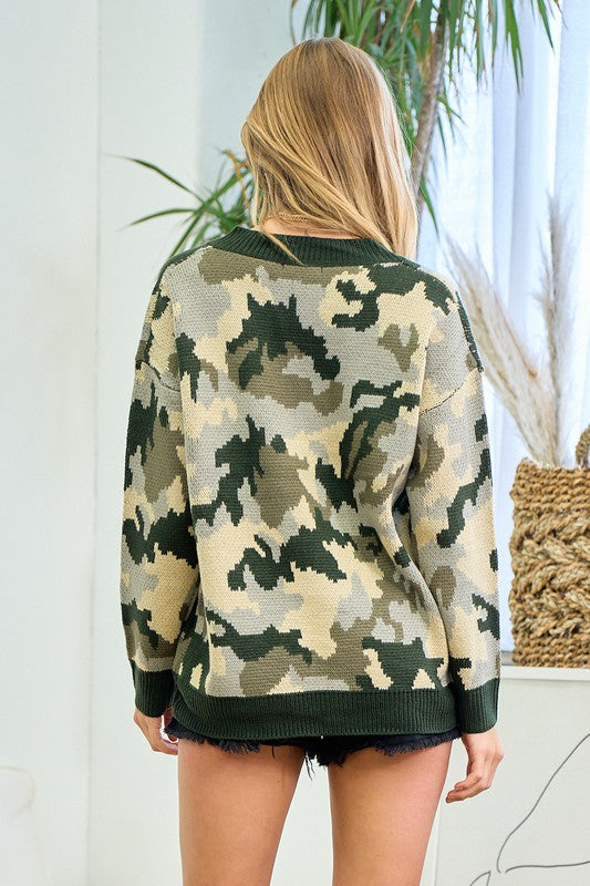 Camo Deep V Neck Sweater