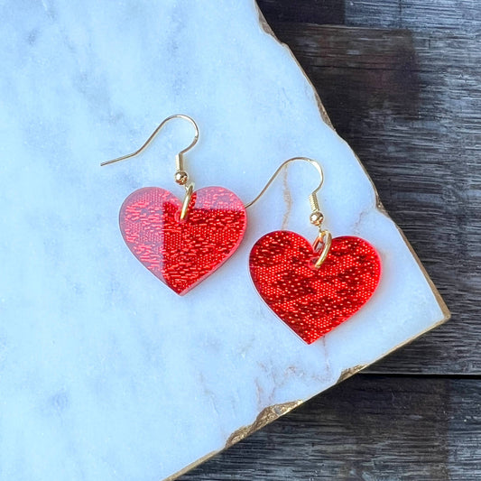 Valentine's Day Earrings - Red Shimmer Heart Dangle
