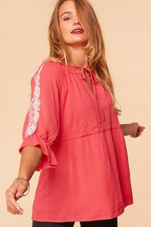 Babydoll Embroidered Elbow Length Woven Top