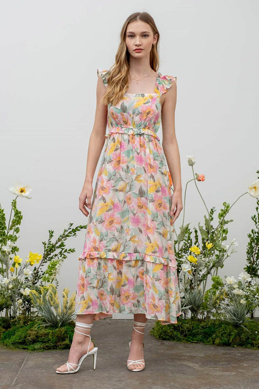Floral Watercolor Ruffle Midi Dress