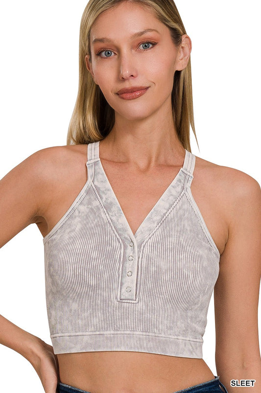 Washed Ribbed Cropped Button V-Neck Tank Top