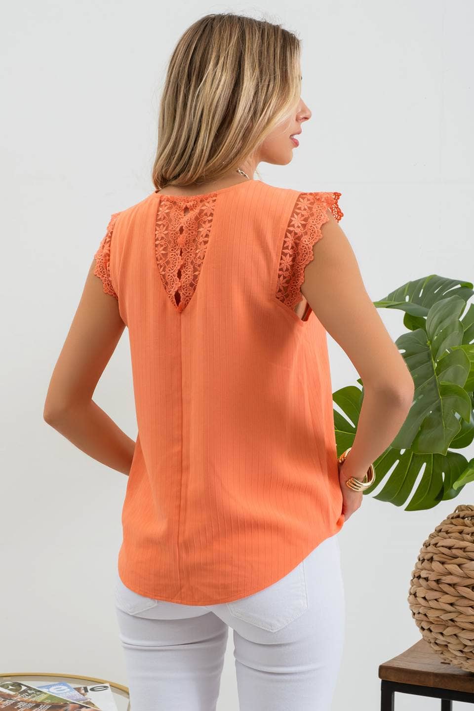 Striped Sleeveless V Neck Lace Trim Top