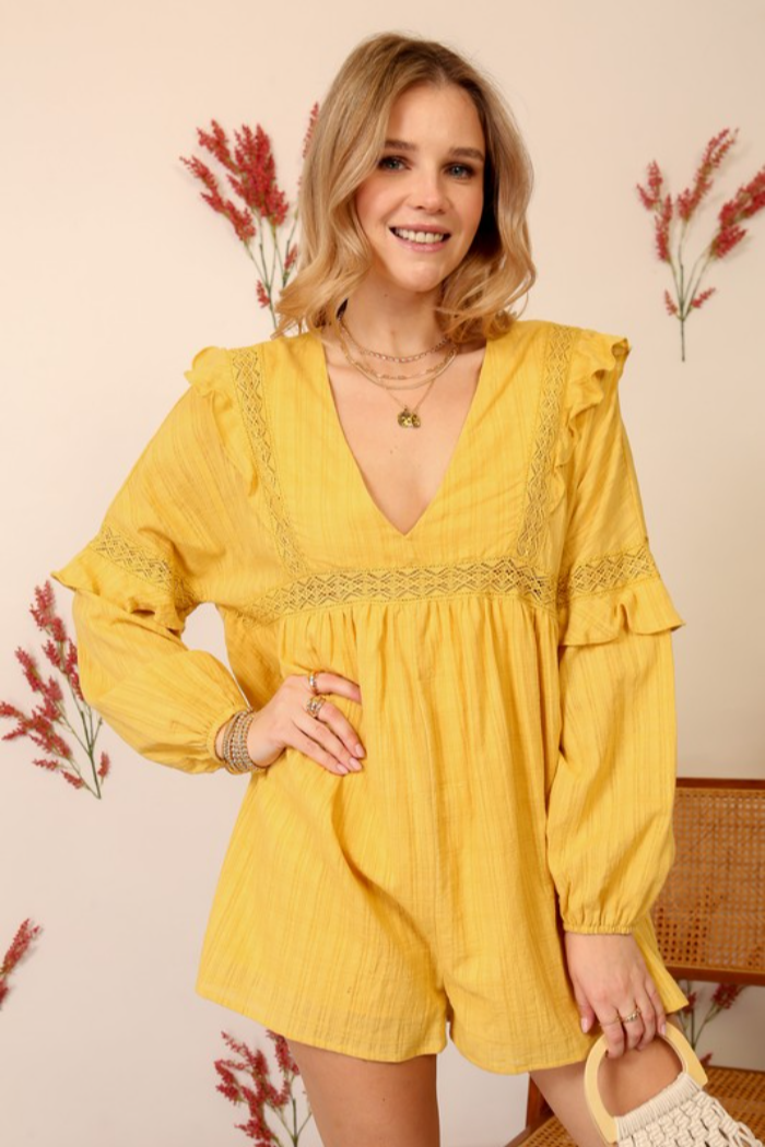 Lace Trimmed Long Sleeve Romper
