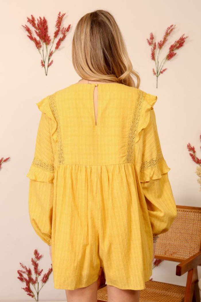 Lace Trimmed Long Sleeve Romper