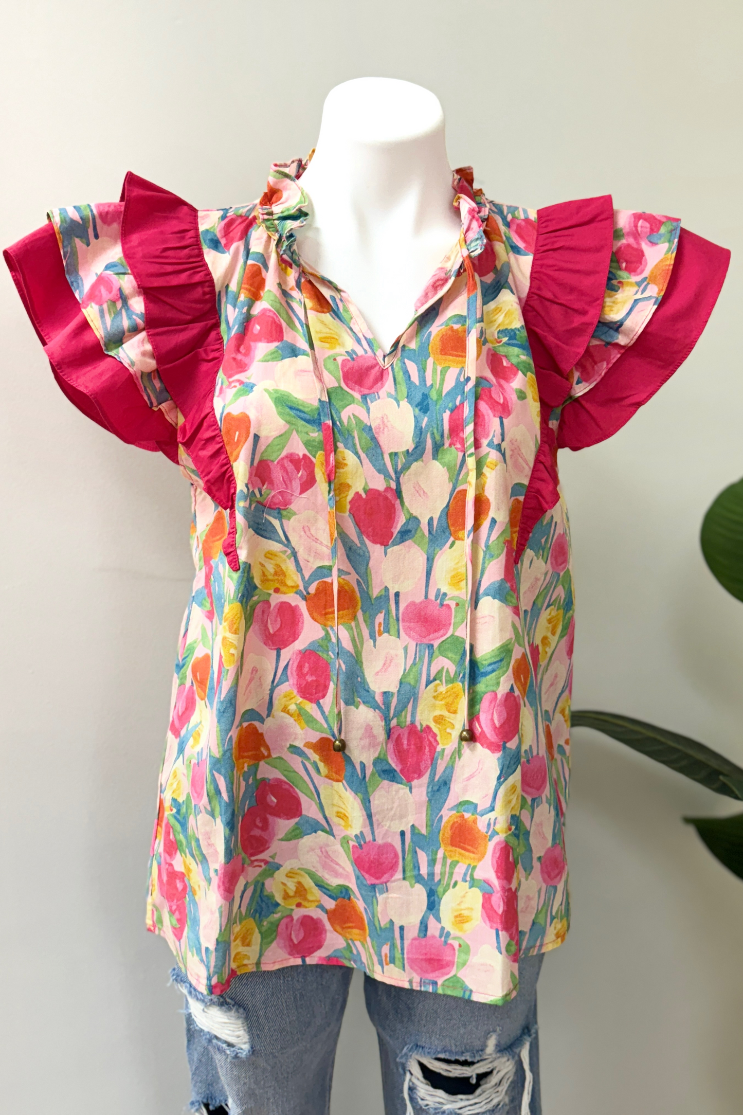 Pink Floral Tiered Ruffle Sleeve Blouse
