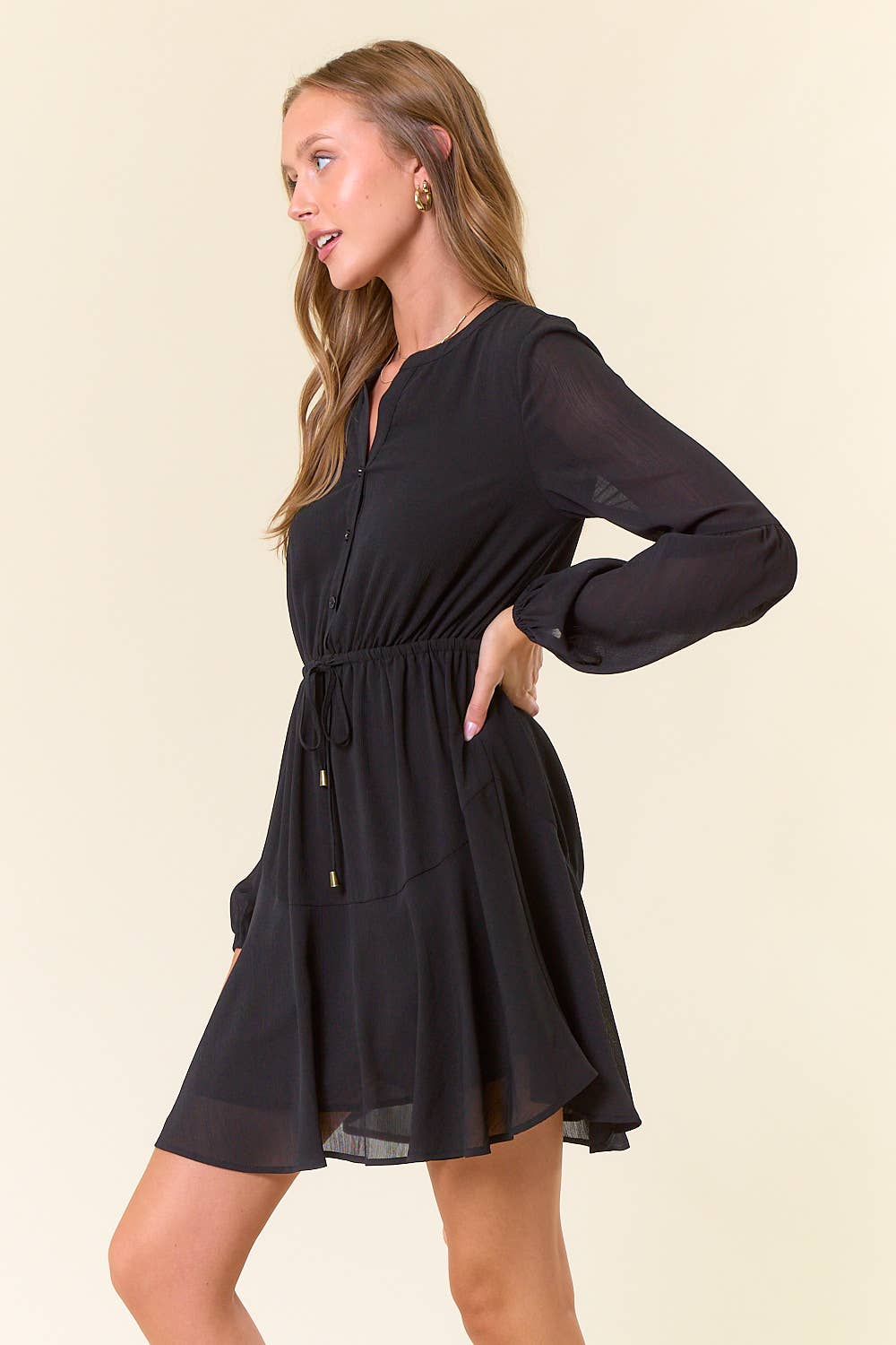Long Sleeve Henley Style Ruffle Mini Dress