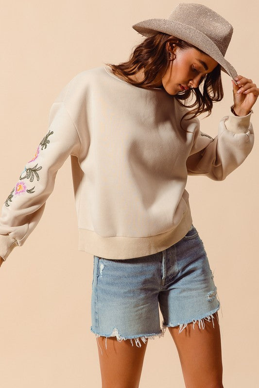Floral Embroidered Sleeves Fleece Sweater Top