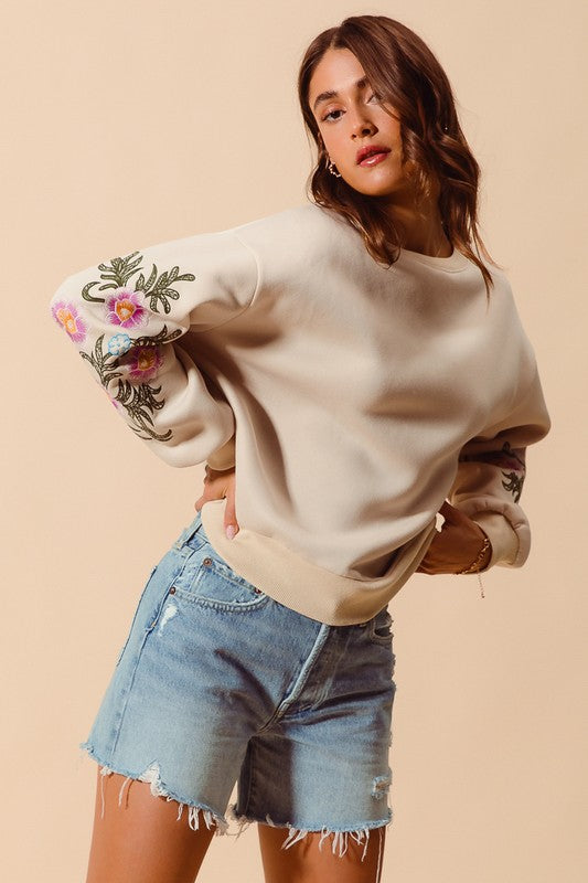 Floral Embroidered Sleeves Fleece Sweater Top