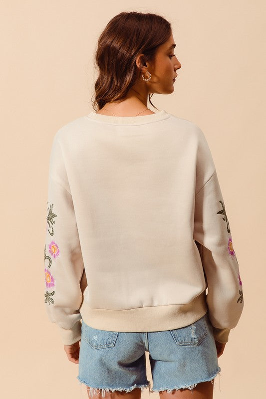 Floral Embroidered Sleeves Fleece Sweater Top