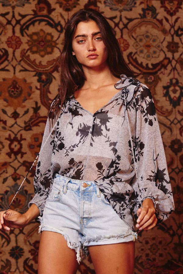 Lurex Chiffon Floral Blouse with Ruffled Neck