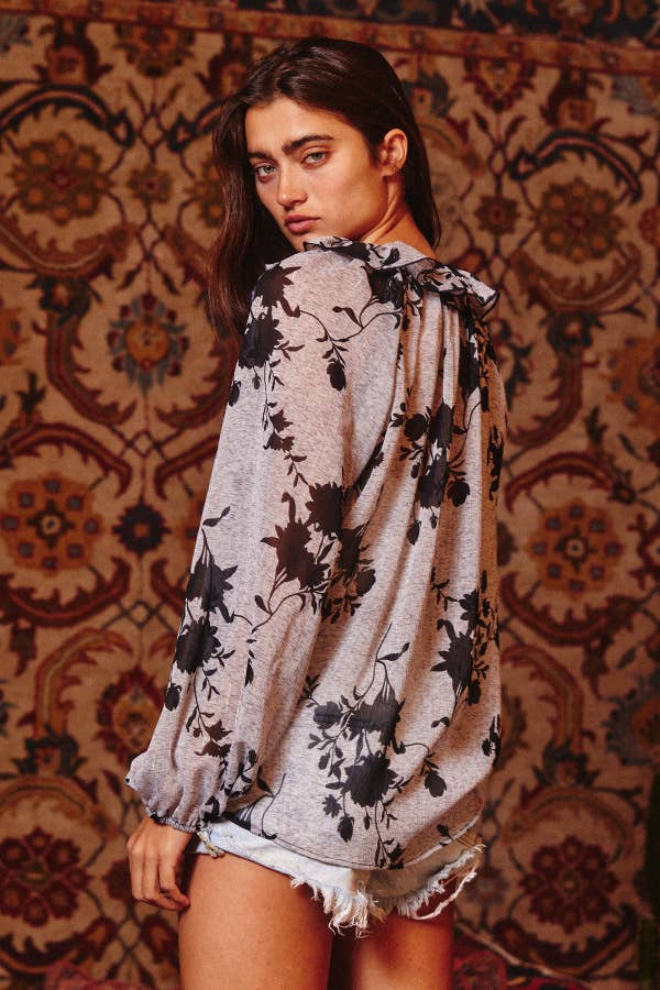 Lurex Chiffon Floral Blouse with Ruffled Neck