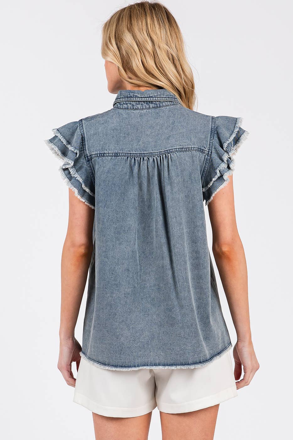 Washed Denim Ruffle Short Sleeve Collared Shirt