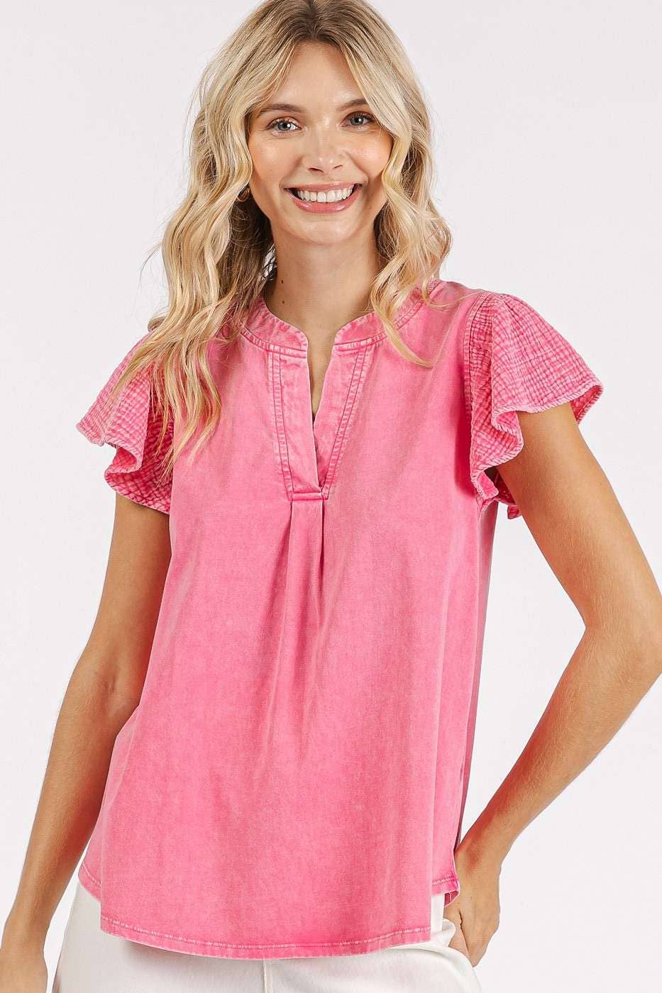 Mix Media Ruffle Short Sleeve Mineral Wash Top