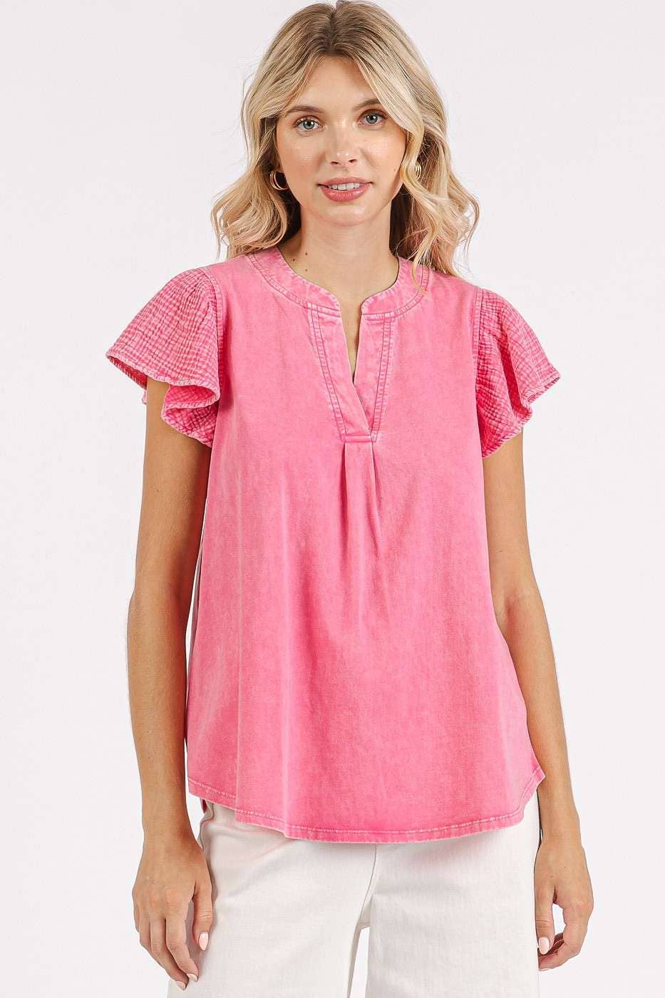 Mix Media Ruffle Short Sleeve Mineral Wash Top