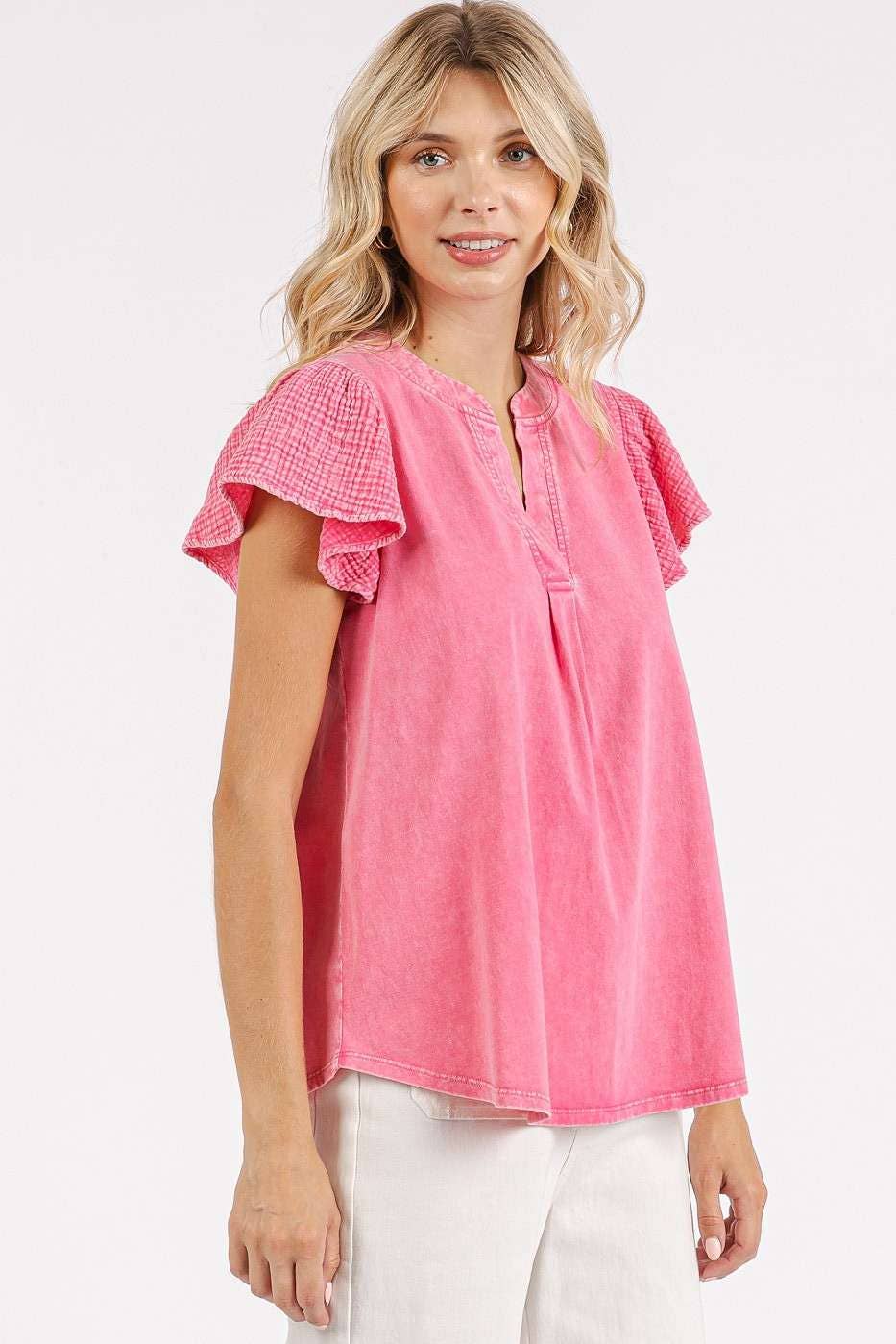 Mix Media Ruffle Short Sleeve Mineral Wash Top