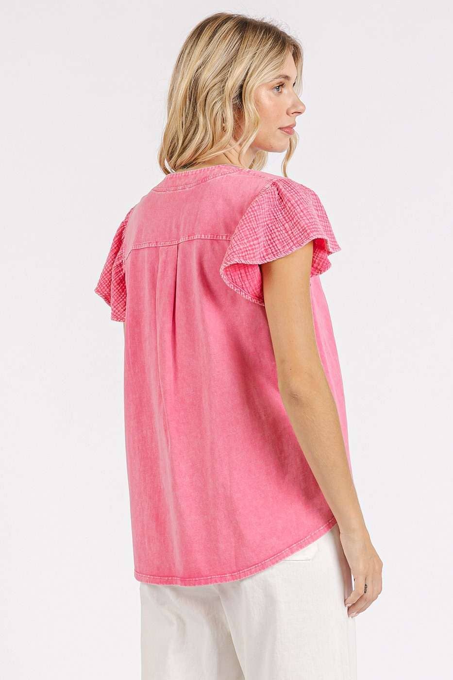 Mix Media Ruffle Short Sleeve Mineral Wash Top