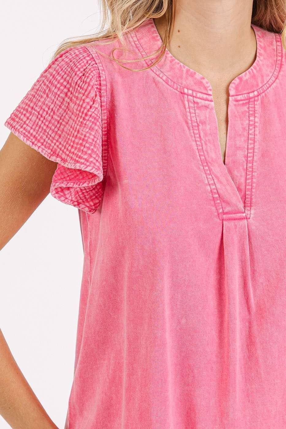 Mix Media Ruffle Short Sleeve Mineral Wash Top