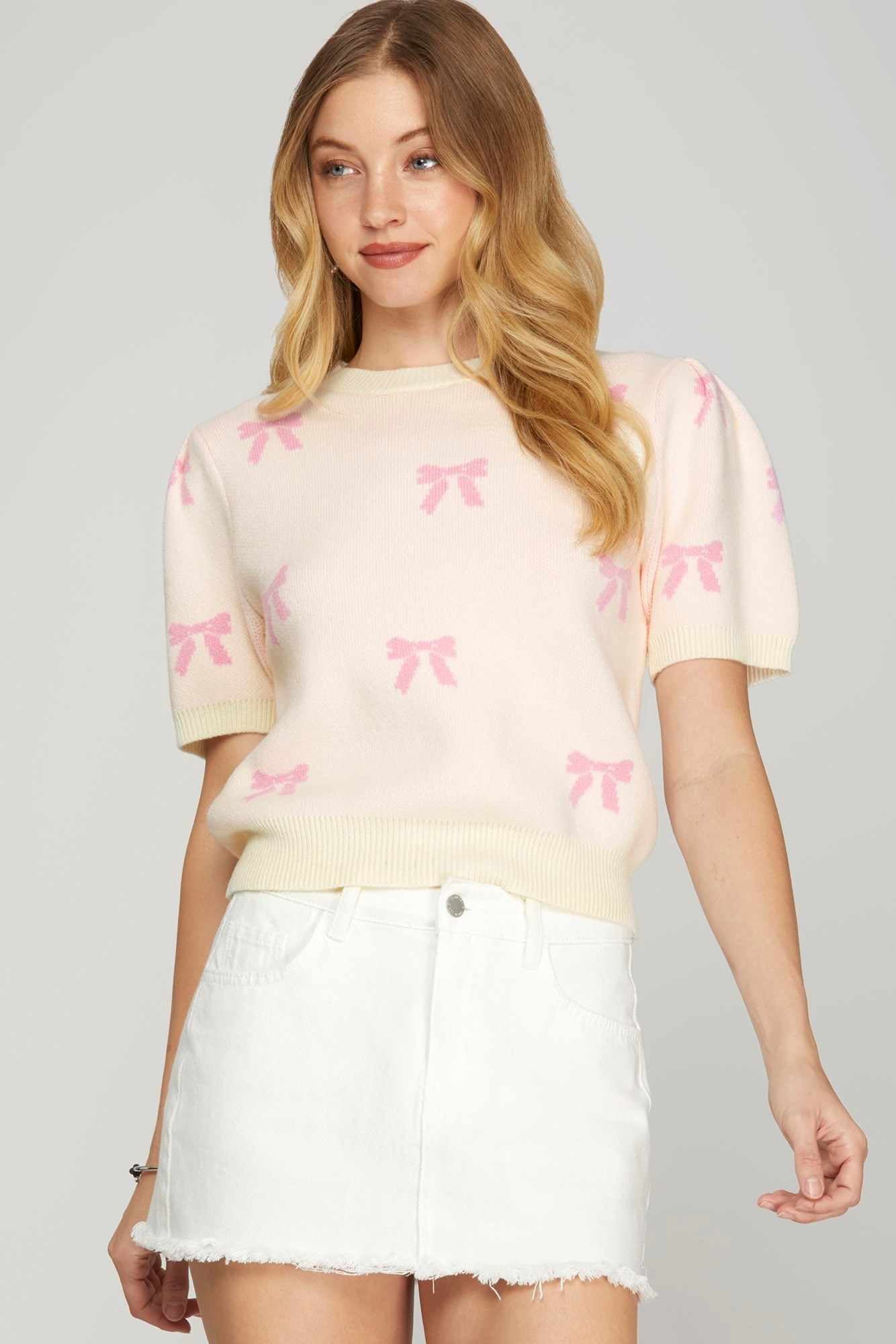 Puff Short Sleeve Bow Pattern Sweater