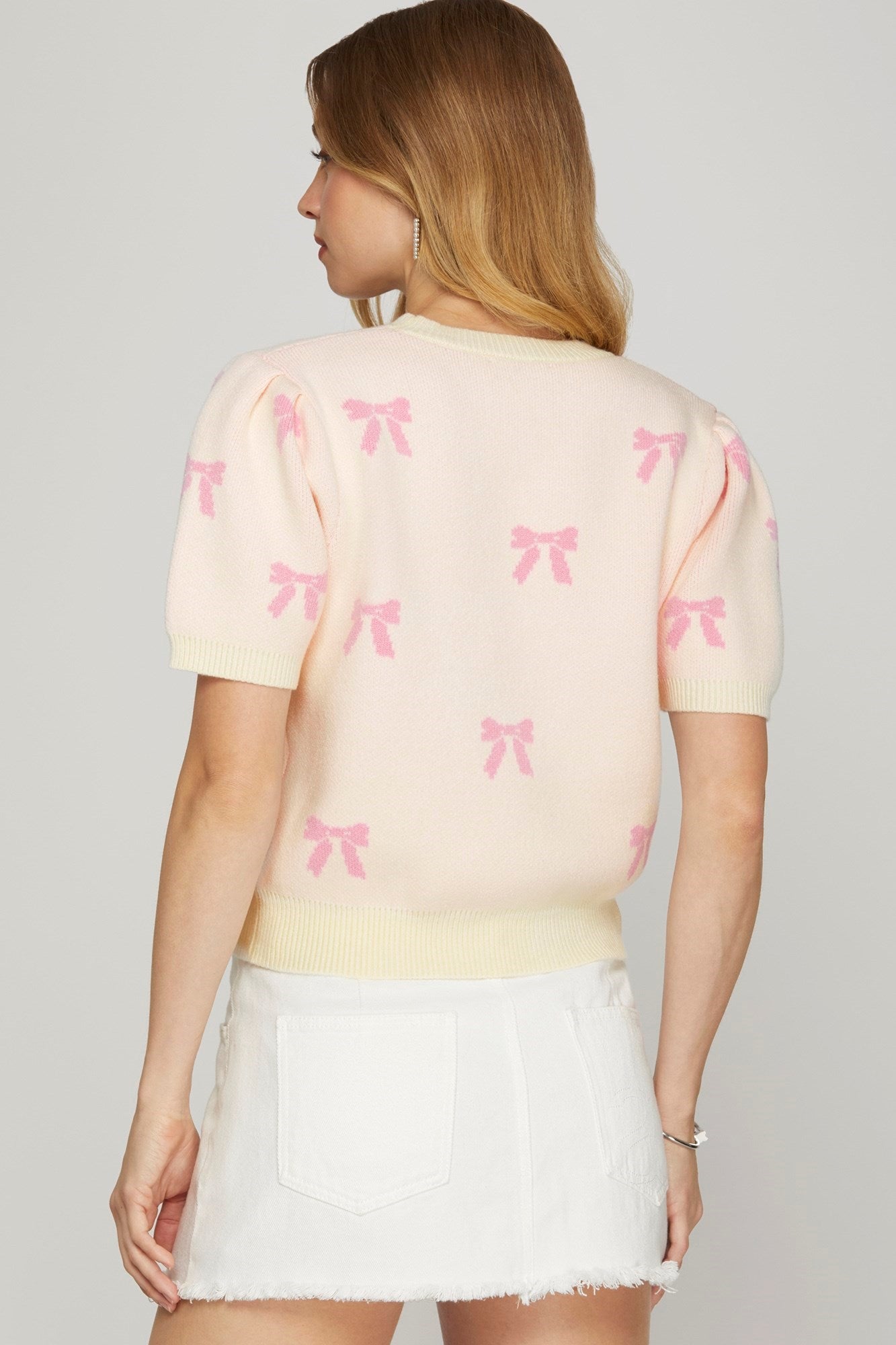 Puff Short Sleeve Bow Pattern Sweater