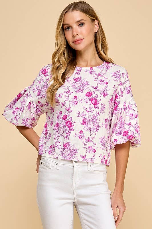 Floral Print Puffed Sleeves Boxy Top