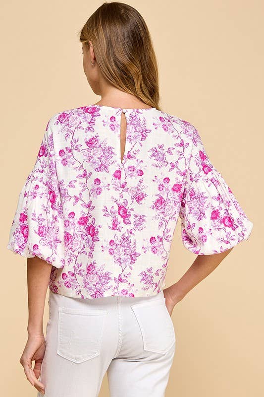 Floral Print Puffed Sleeves Boxy Top