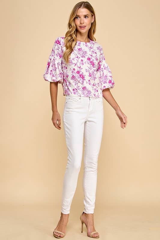 Floral Print Puffed Sleeves Boxy Top