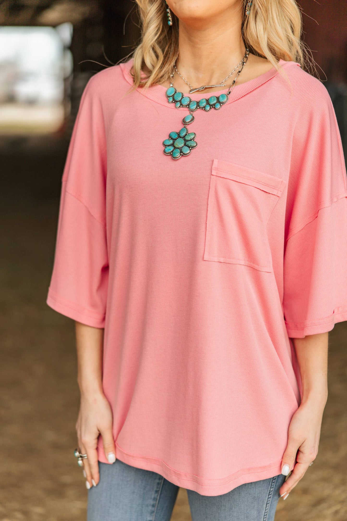 Ribbed Relaxed Boyfriend Shirt w/ Pocket Detail