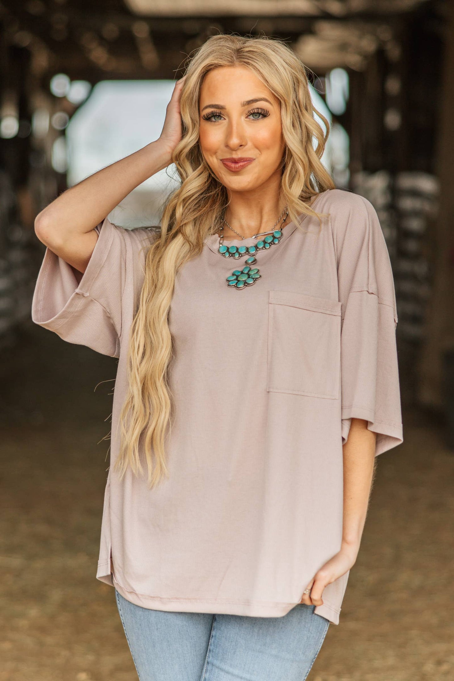 Ribbed Relaxed Boyfriend Shirt w/ Pocket Detail