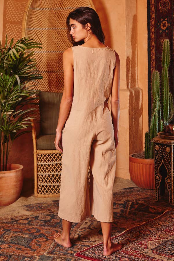 V-Neck Button-Up Wide Leg Solid Jumpsuit