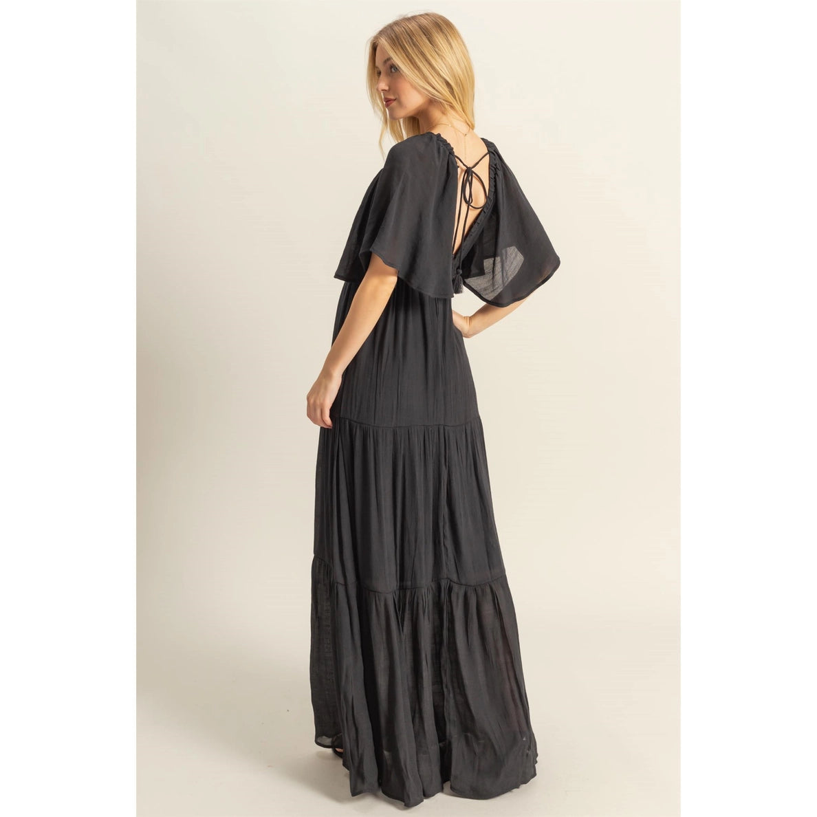 V-Neck Flowy Sleeves Tiered Maxi Dress