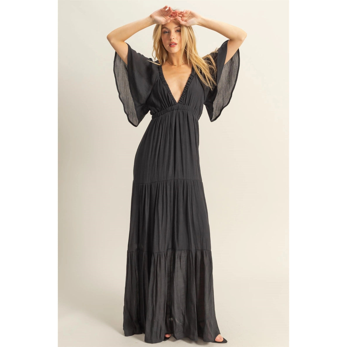V-Neck Flowy Sleeves Tiered Maxi Dress