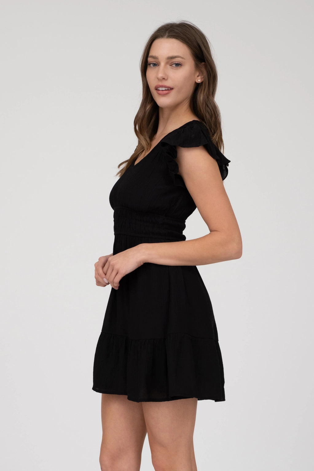 V Neck Short Sleeve Ruffle Detail Shirred Mini Dress