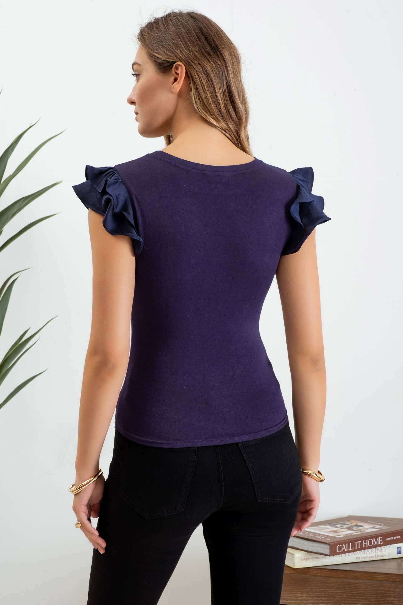 Solid Ruffle Flutter Sleeve Knit Top