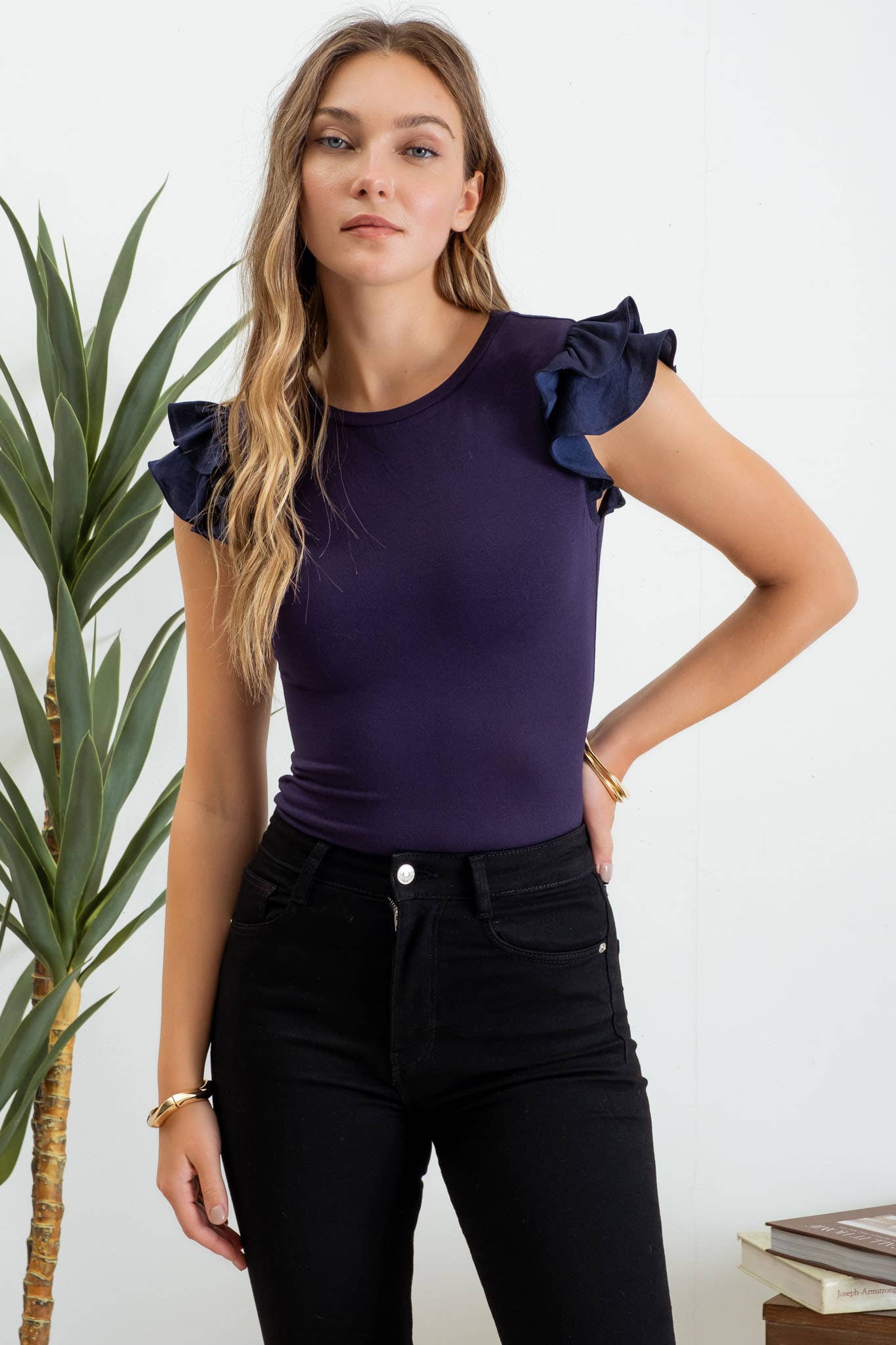 Solid Ruffle Flutter Sleeve Knit Top