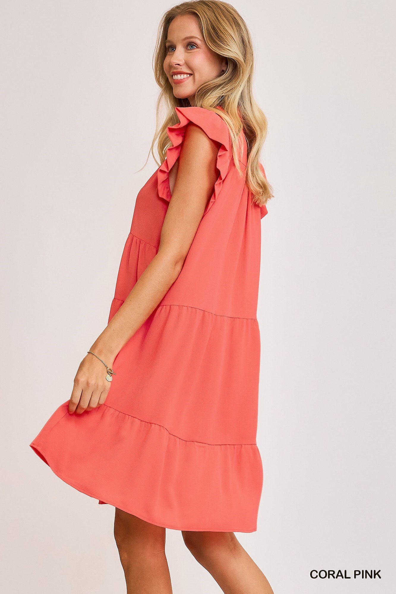 Ruffle Sleeve Tiered Dress (Coral)