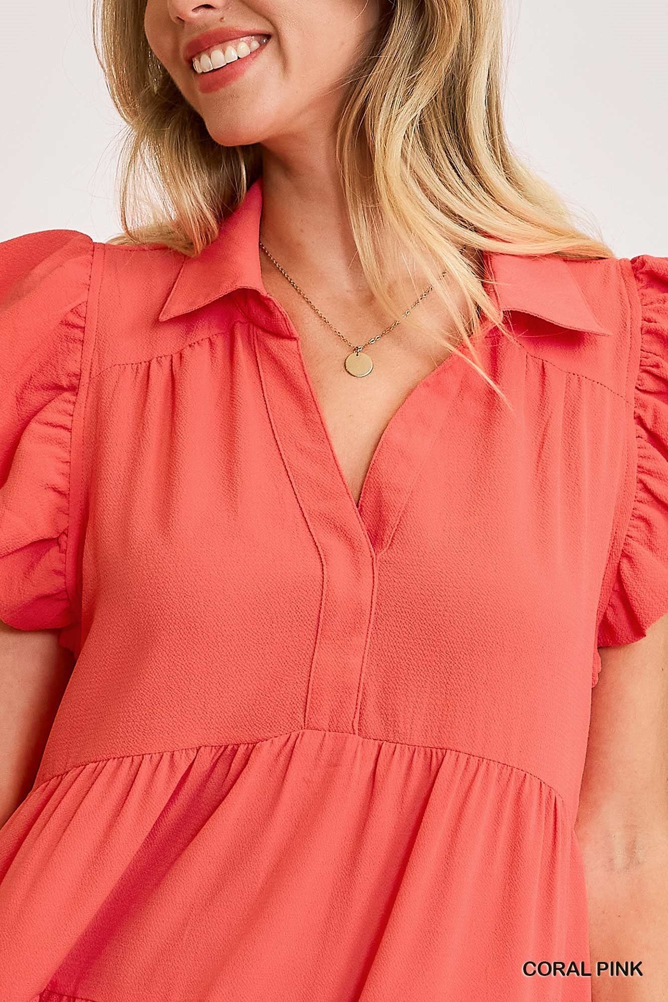 Ruffle Sleeve Tiered Dress (Coral)