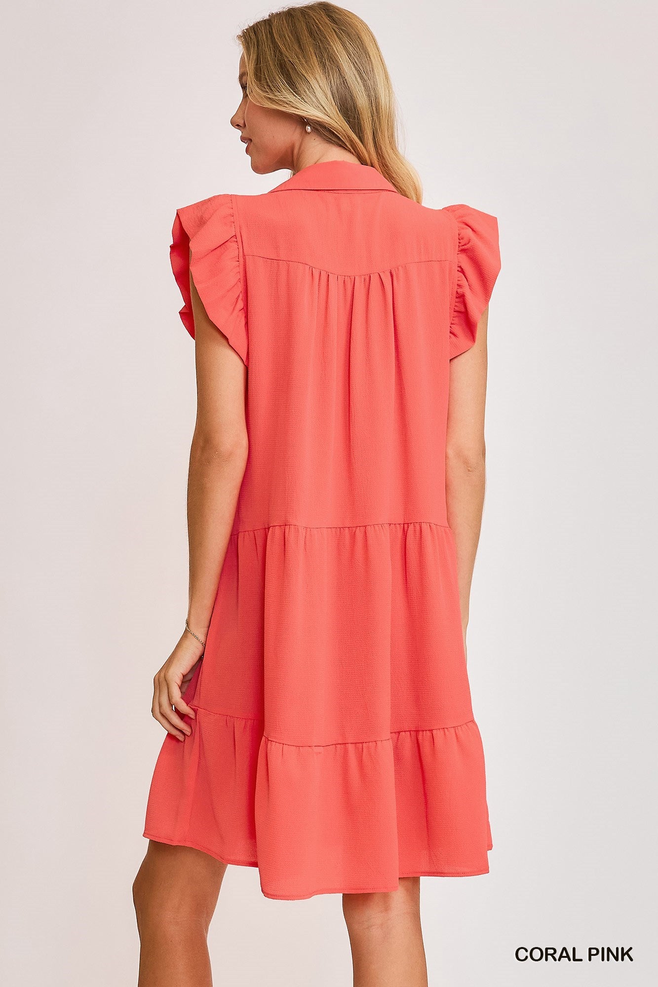 Ruffle Sleeve Tiered Dress (Coral)