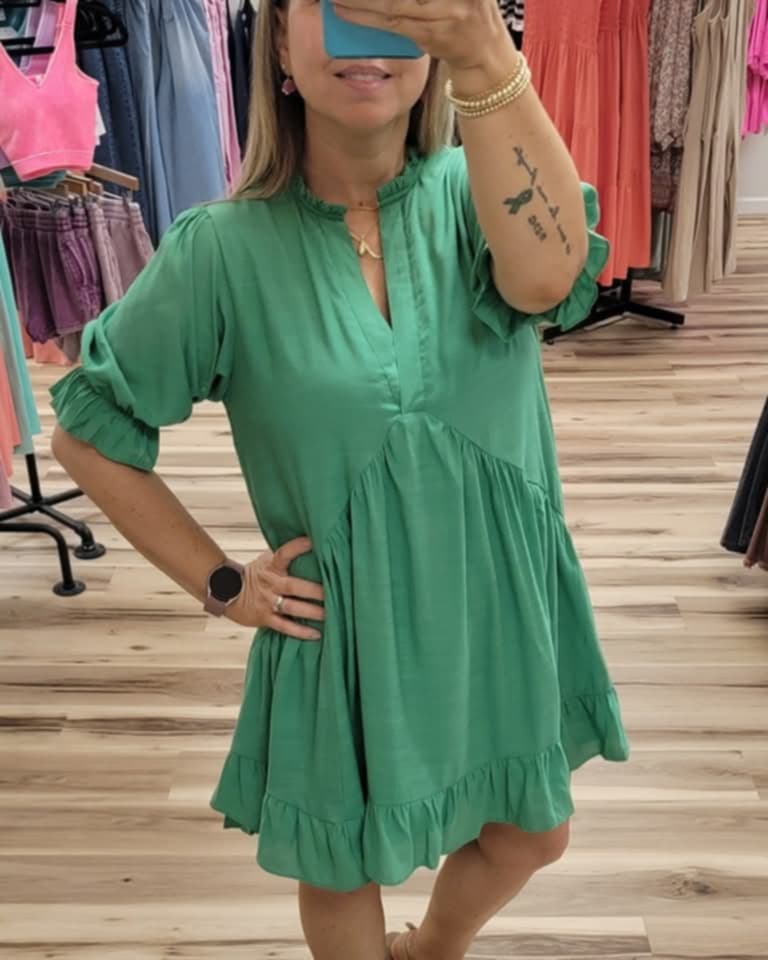 Split Neck Ruffle Short Dress w/ Short Puff Sleeves