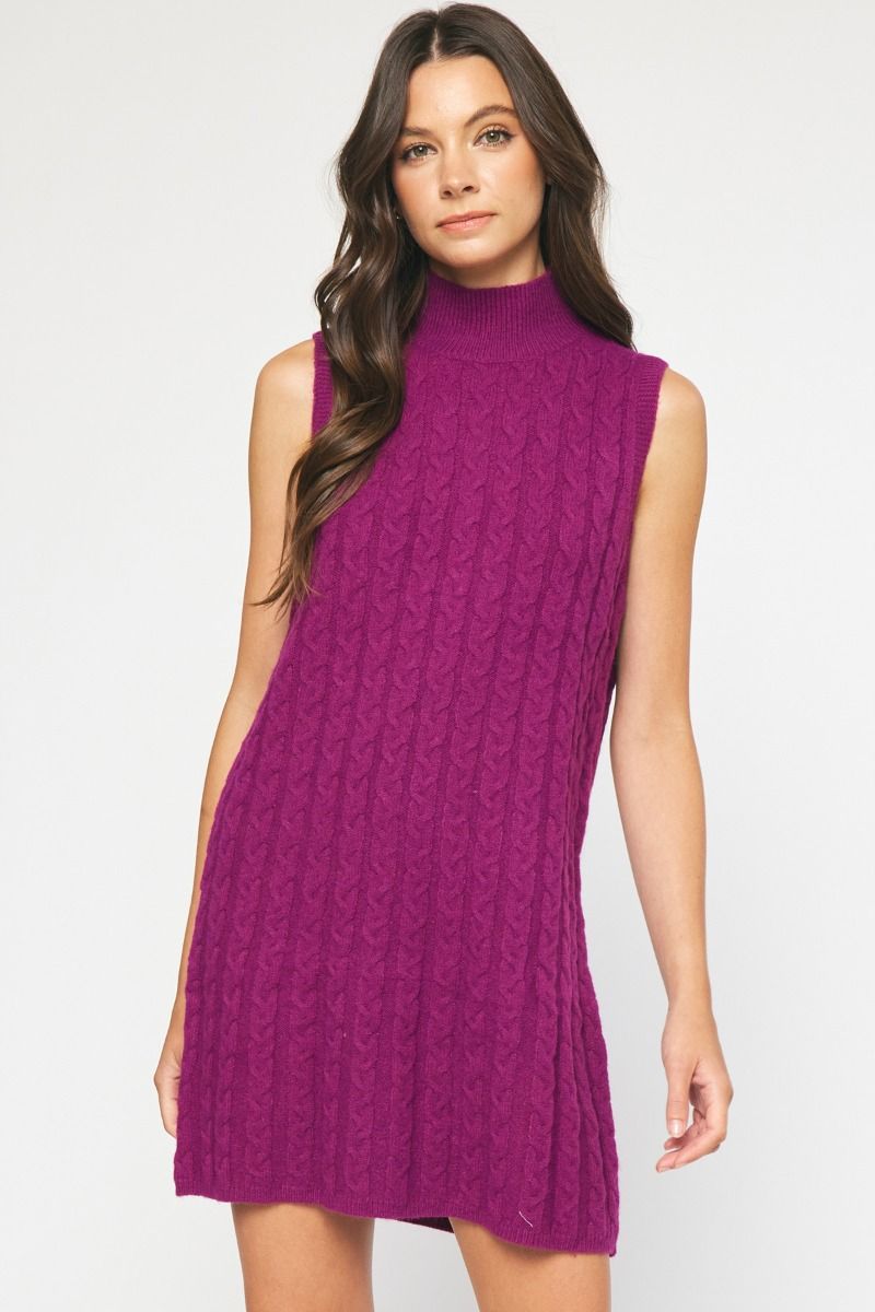 Mock Neck Cable Knit Sweater Dress