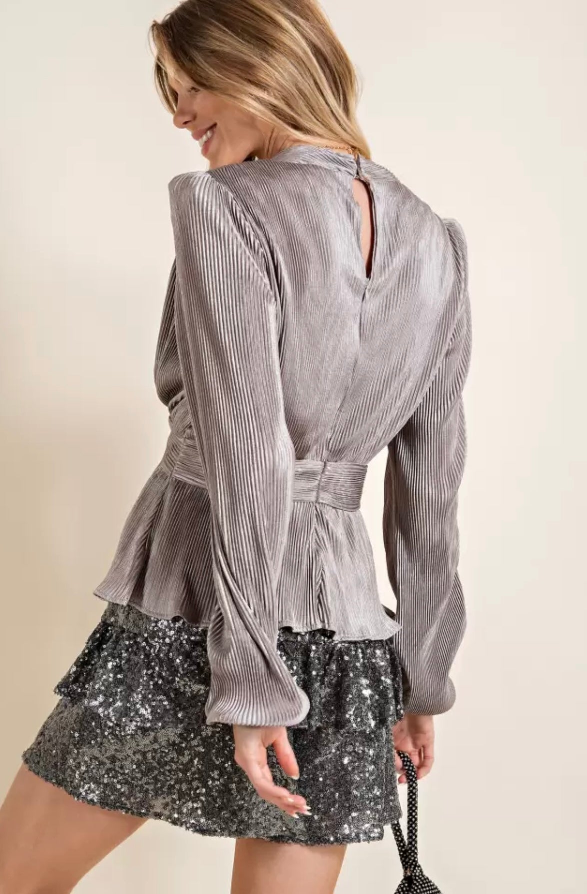 Pleated Peplum Blouse Smokey Taupe